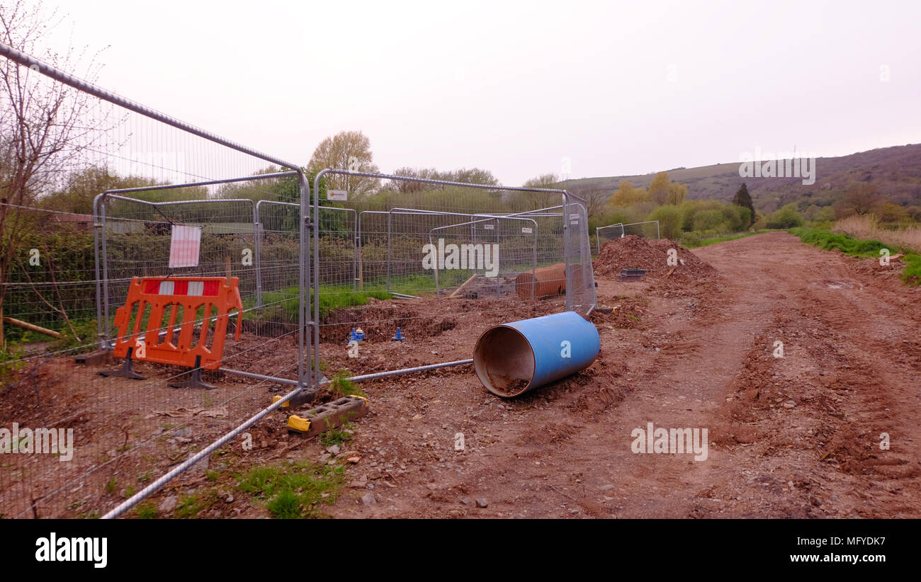April 2018 - Incomplete and over running works from Bristol water disrupting the local area of Cheddar and its public footpaths and cycle ways. Stock Photo