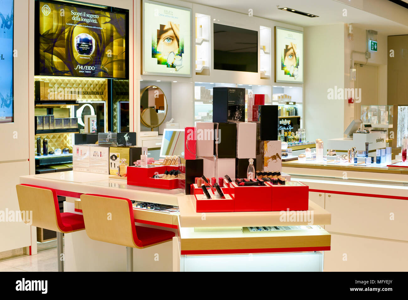 ROME, ITALY NOVEMBER 16, 2017 Shiseido cosmetics sit on display