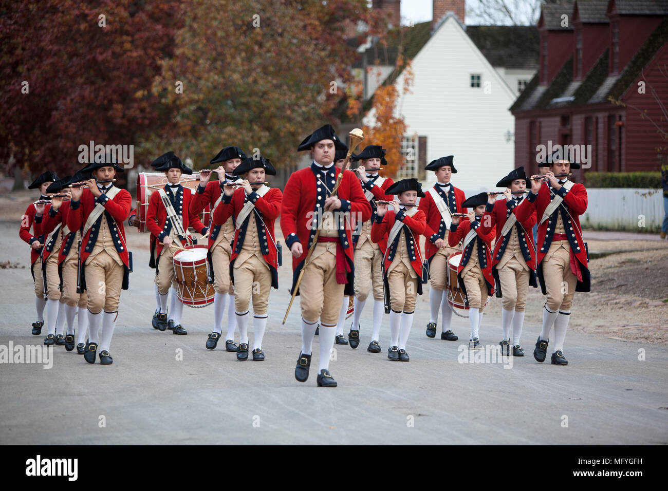 Colonial fife and drum marching band Duke of Gloucester Street colonial Williamsburg Virginia Stock Photo