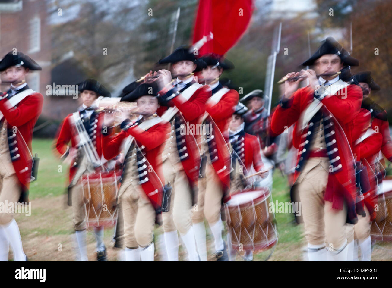 youthful Colonial fife and drum marching band Duke of Gloucester Street colonial Williamsburg Virginia Stock Photo