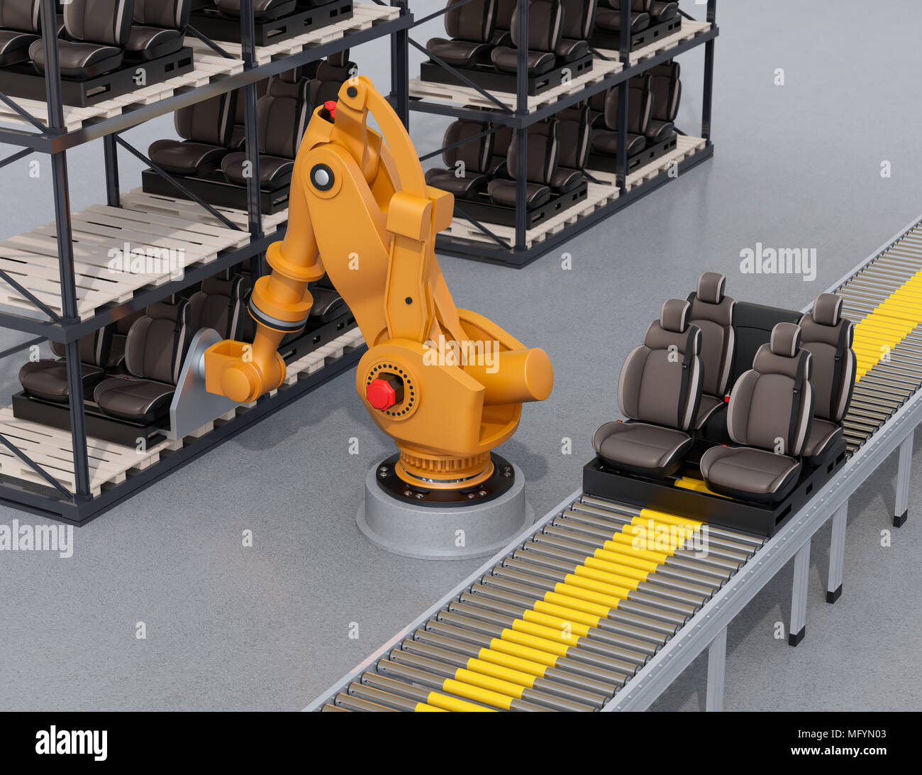 Heavyweight robotic arm carrying car seats in car assembly production line. 3D rendering image. Stock Photo