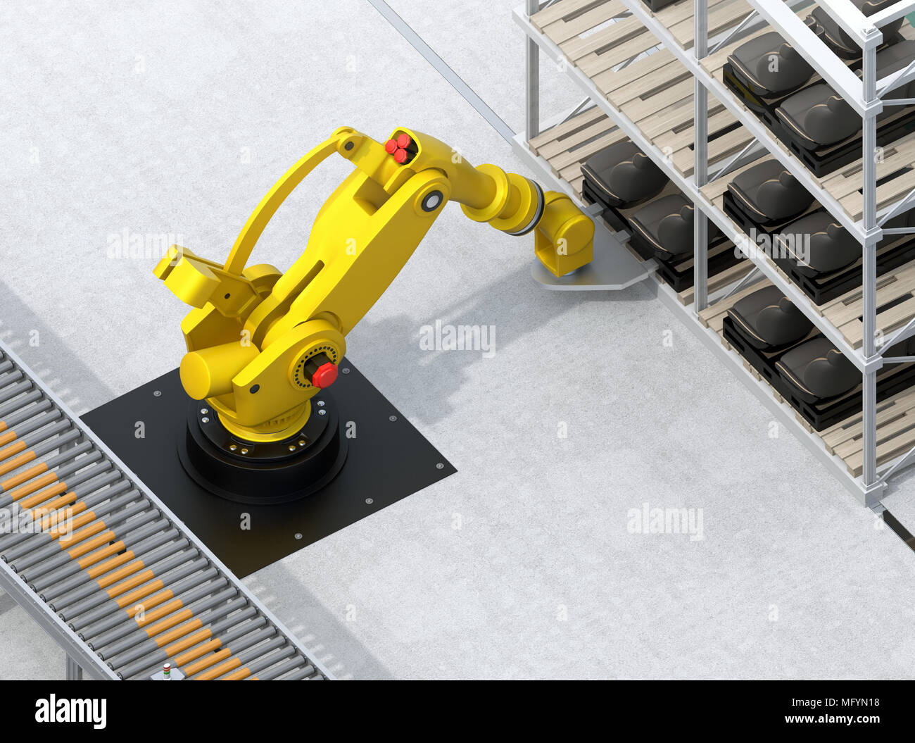 Heavyweight robotic arm carrying car seats in car assembly production line. 3D rendering image. Stock Photo
