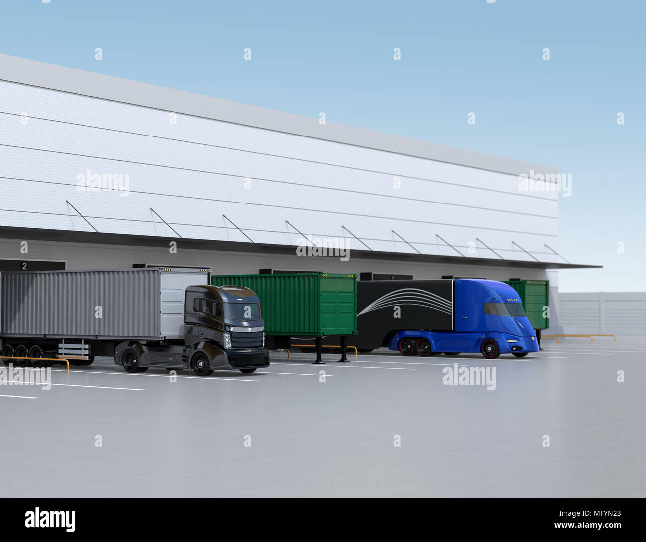 Electric trucks parking in front of modern logistics center. 3D rendering image. Stock Photo