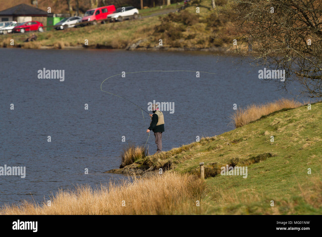 Fly Fishing. . Llyn Clywedog Reservoir.. Powys. Wales Stock Photo Alamy