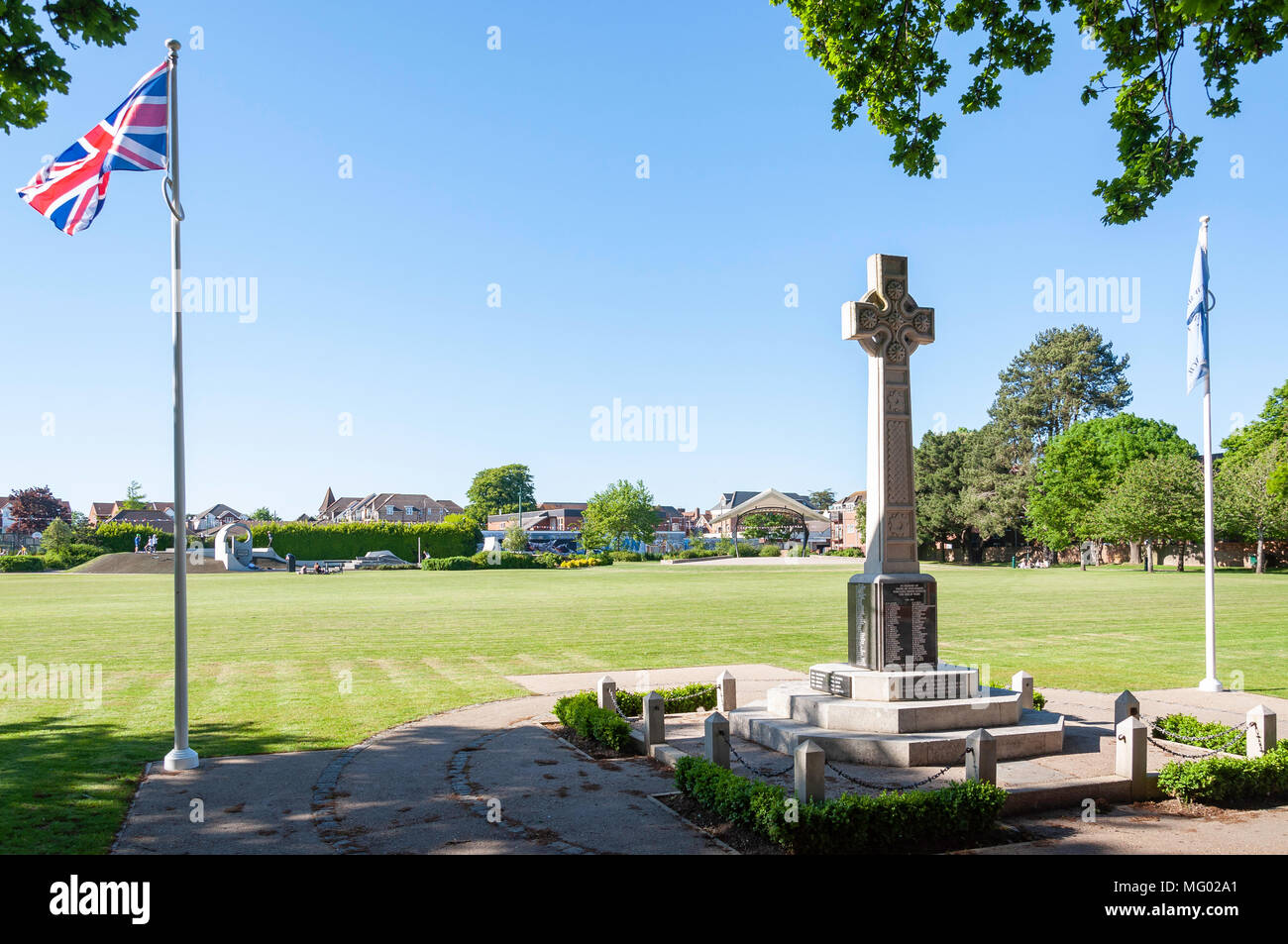 Celtic cross war memorial in New Milton War Memorial Recreation Ground