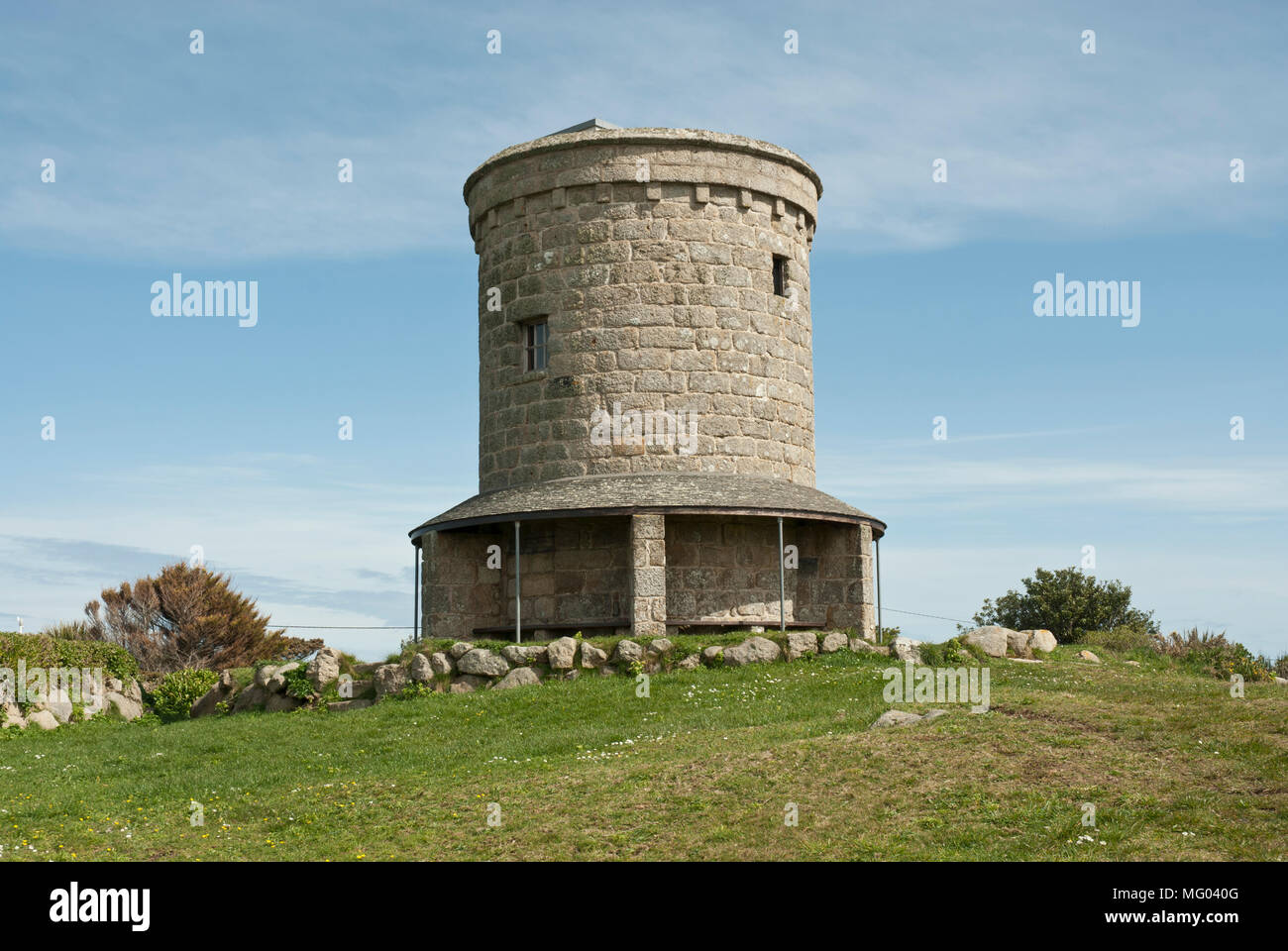 Historic Buzza Tower on Buzza Hill, St Mary's, Isles of Scilly, UK. A landmark and  monument now housing a camera obscura. Stock Photo