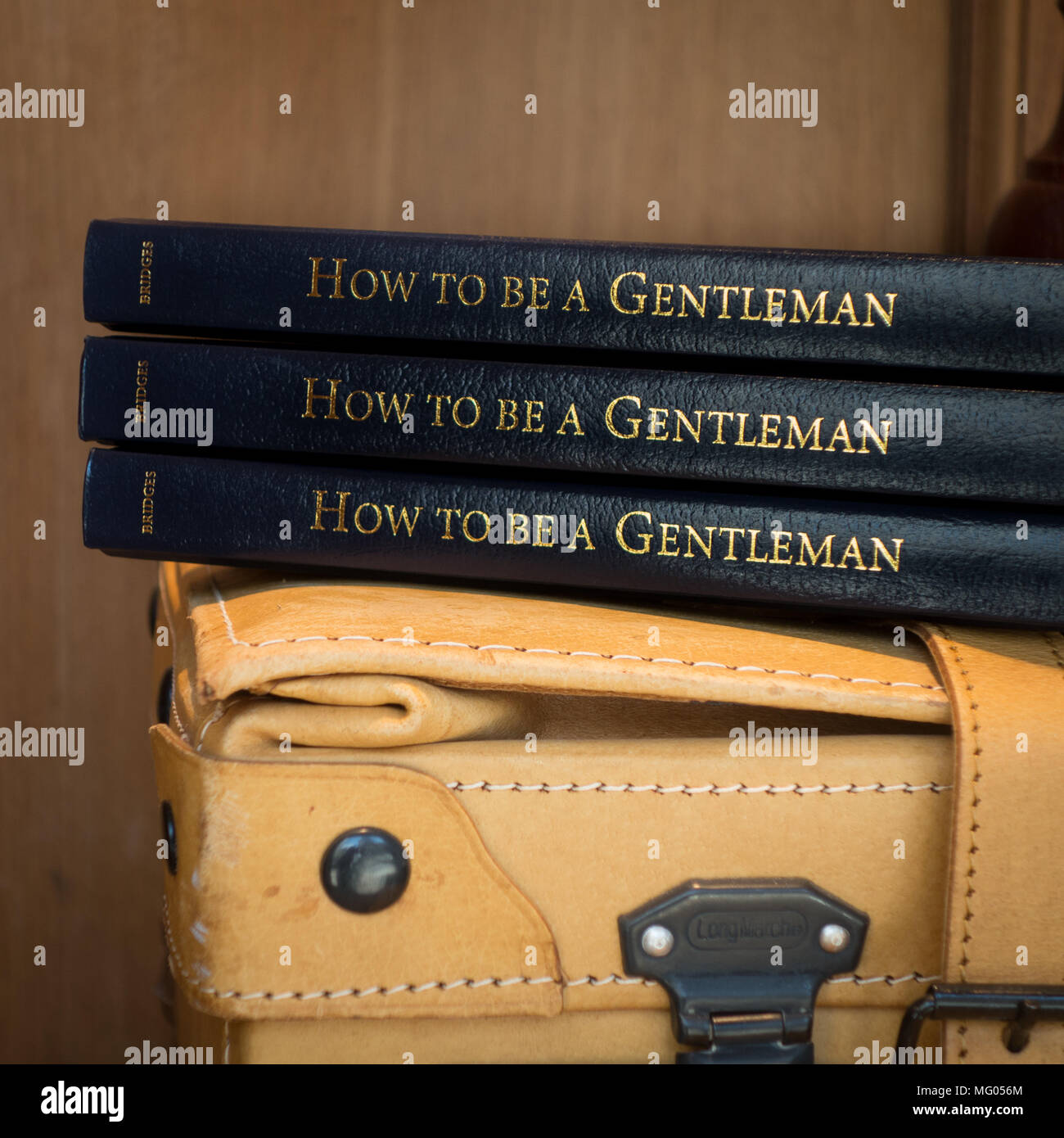Four books entitled 'How to be a Gentleman' sitting on top of a leather suitcase Stock Photo