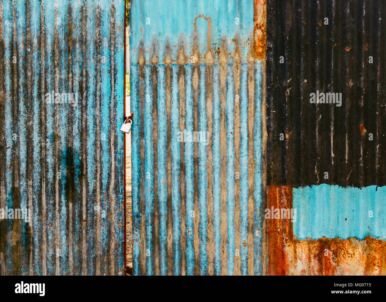 Old rusted corrugated blue gate, grungy texture or background. Gate shut with a lock. Stock Photo