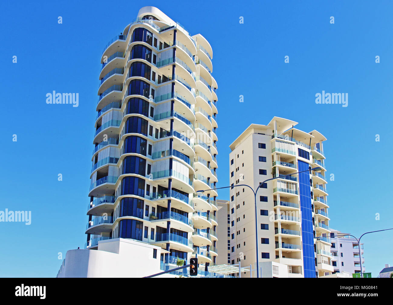 Street level view of Jack and Newell Holiday Apartment towers, Wharf St Cairns Queensland Australia Stock Photo