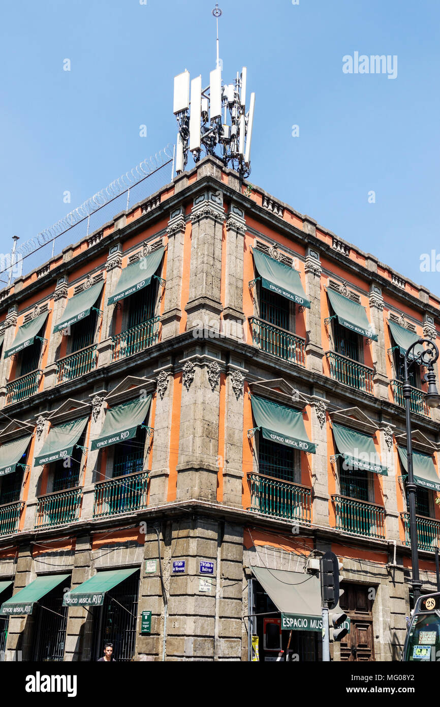Mexico City,Mexican,Hispanic,historic Center Centre,Calle Bolivar,building,exterior outside,roof,cell phone antennae MX180305055 Stock Photo