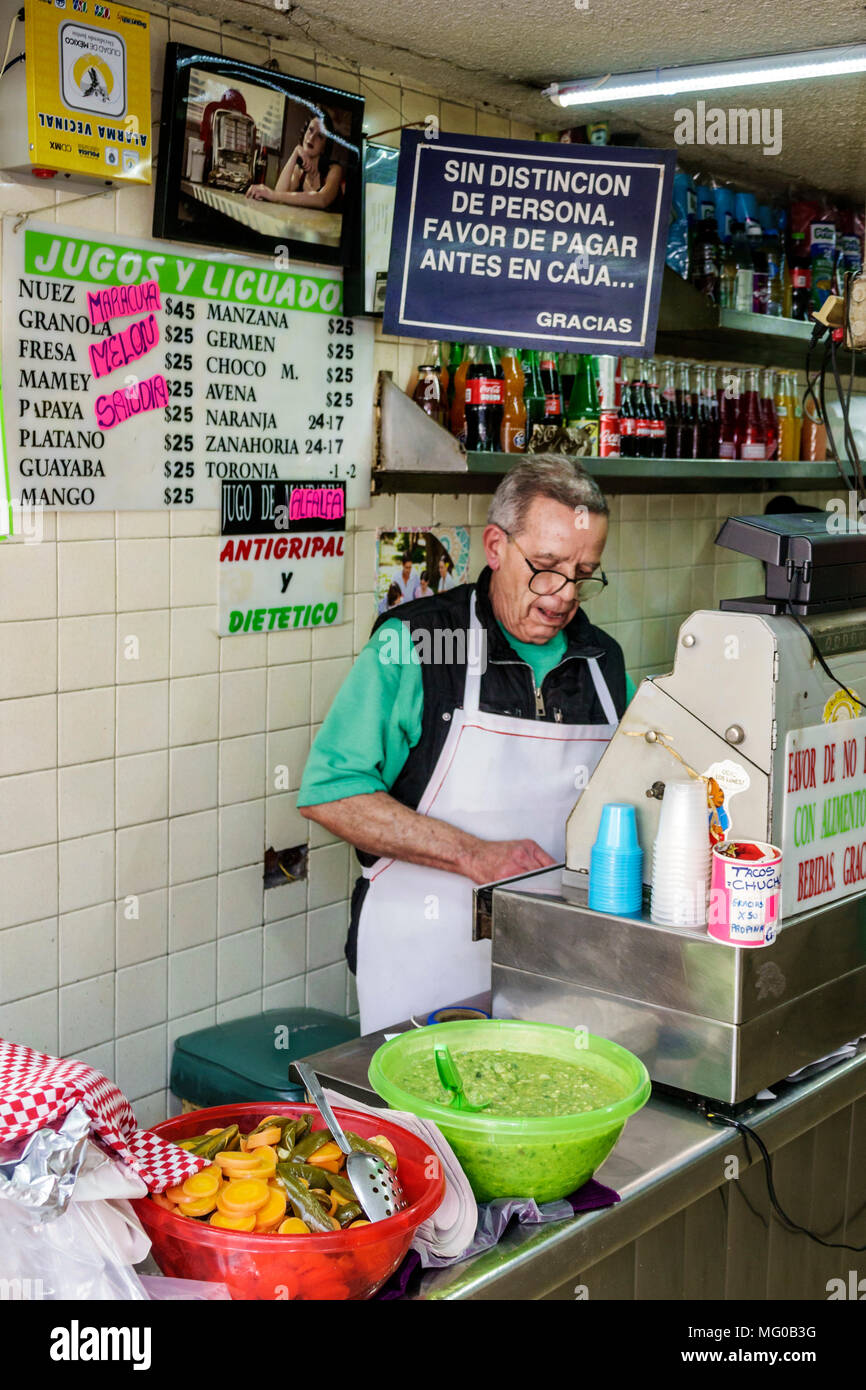 Mexico City,Mexican,Hispanic Latin Latino ethnic,historic Center Centre,Avenida 5 Cinco de Mayo,Tacos Chuco,juice food kiosk,restaurant resta Stock Photo