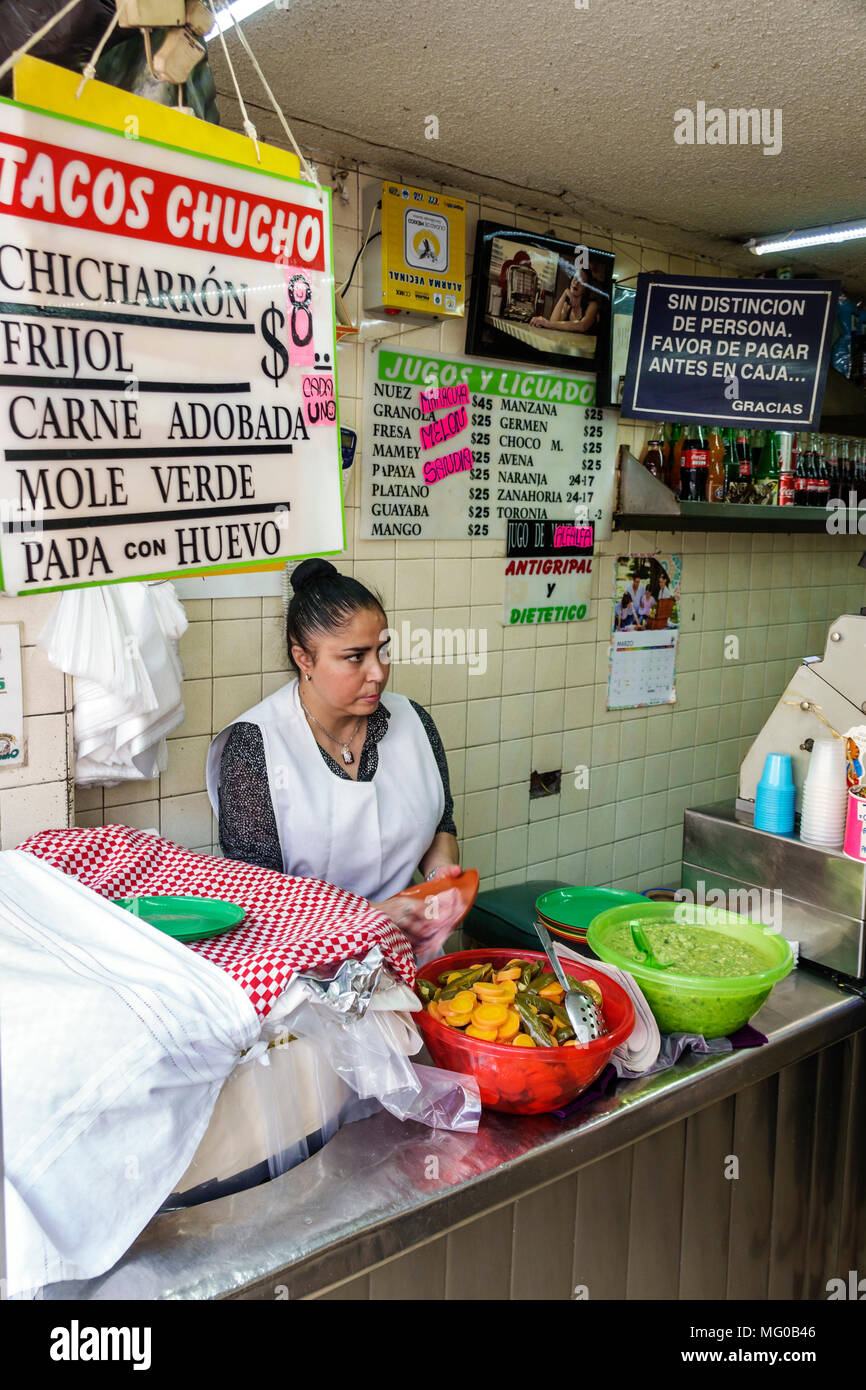 Mexico City,Hispanic,historic Center Centre,Avenida Cinco de Mayo,Tacos Chuco,juice food kiosk,restaurant restaurants food dining cafe cafes,woman fem Stock Photo