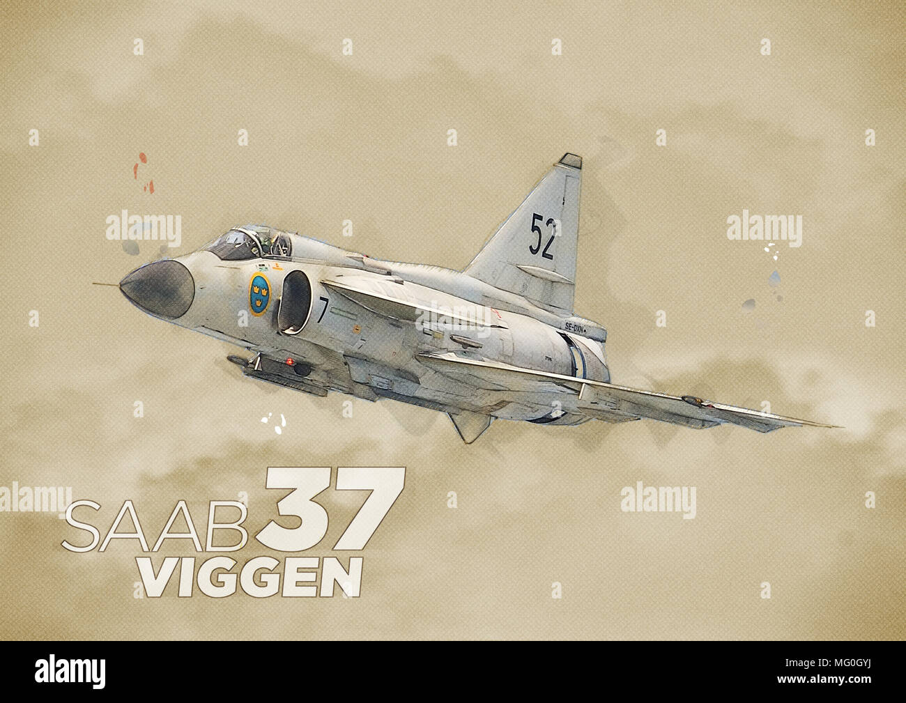 mixed art style illustration of Saab 37 Viggen punching through the clouds Stock Photo