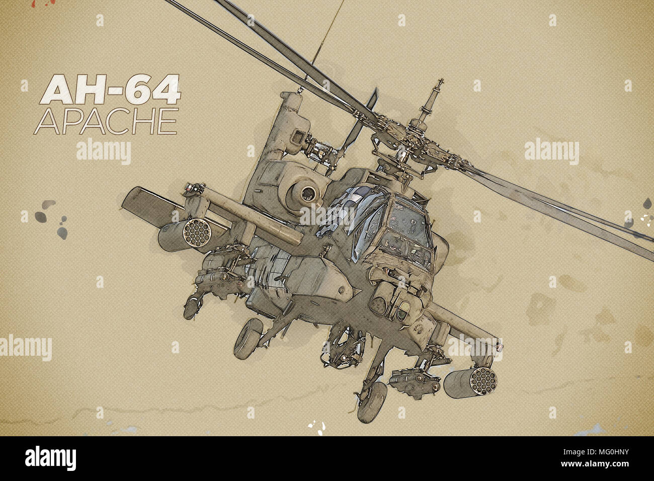 Mixed art style illustration of an AH-64 Apache attack helicopter Stock Photo