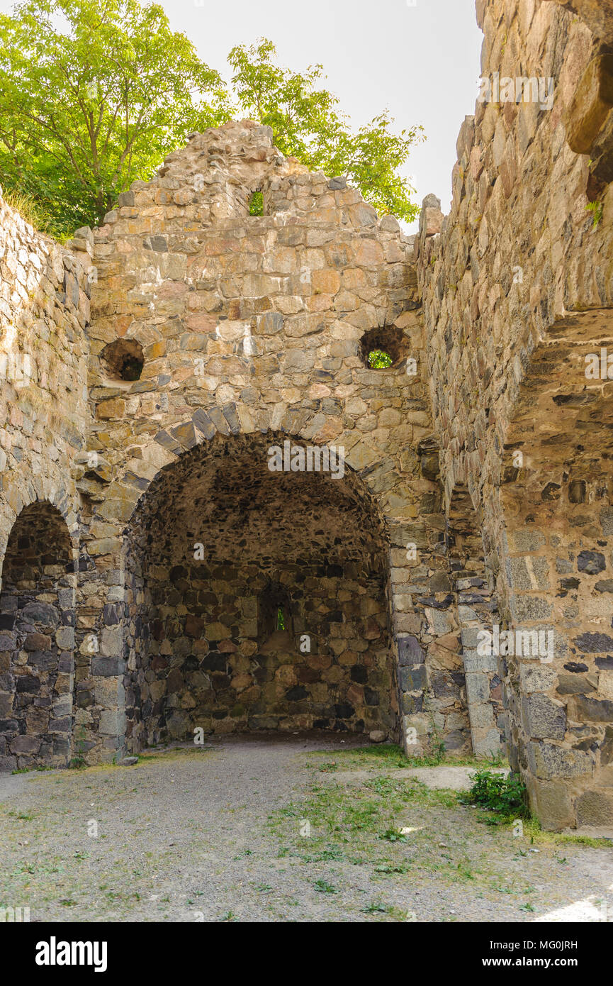 Interior of the ruins of the St Olofs church in the Sigtuna town, Sweden Stock Photo
