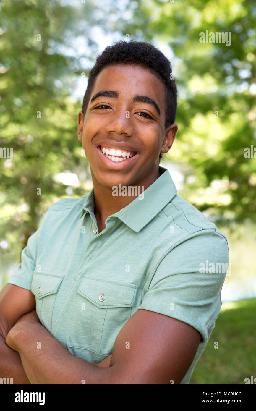 African American teenage boy smiling. Stock Photo