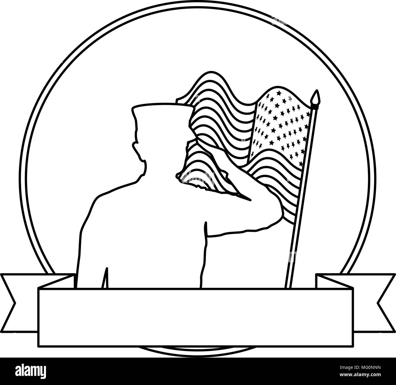 silhouette of military saluting with USA flag vector illustration ...