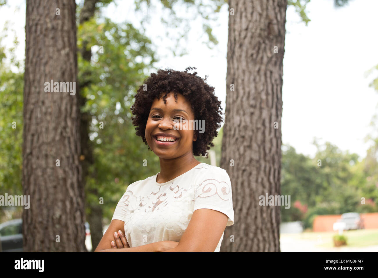 Young happy African American woman smiling. Stock Photo