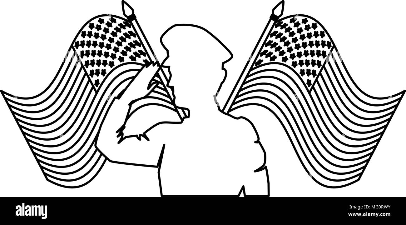 silhouette of military saluting with USA flag vector illustration ...