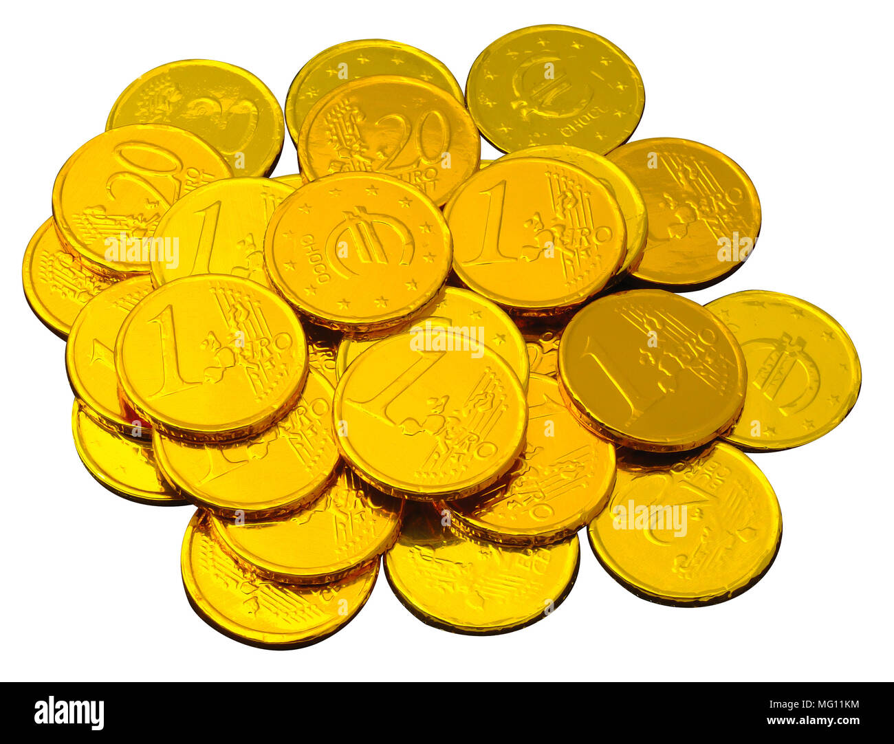 chocolate coins wrapped in shiny golden tinfoil Stock Photo