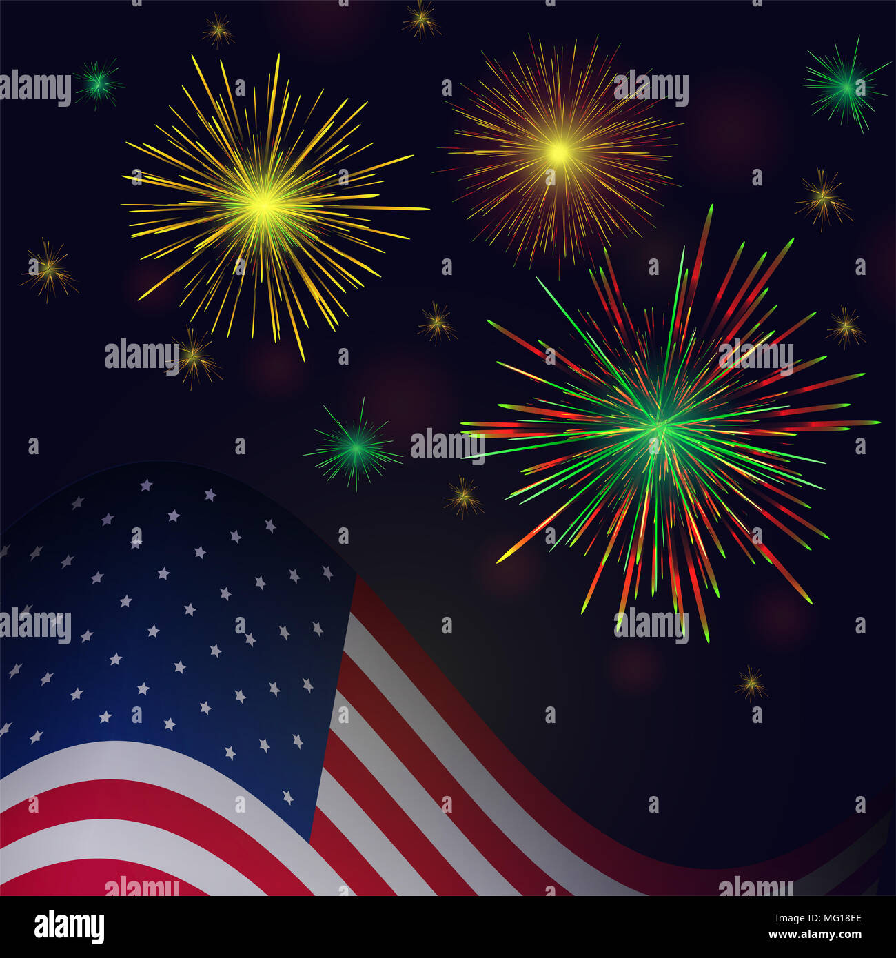 United States flag and celebration golden reg green fireworks background. Independence Day, 4th of July holidays salute greeting card. Stock Photo