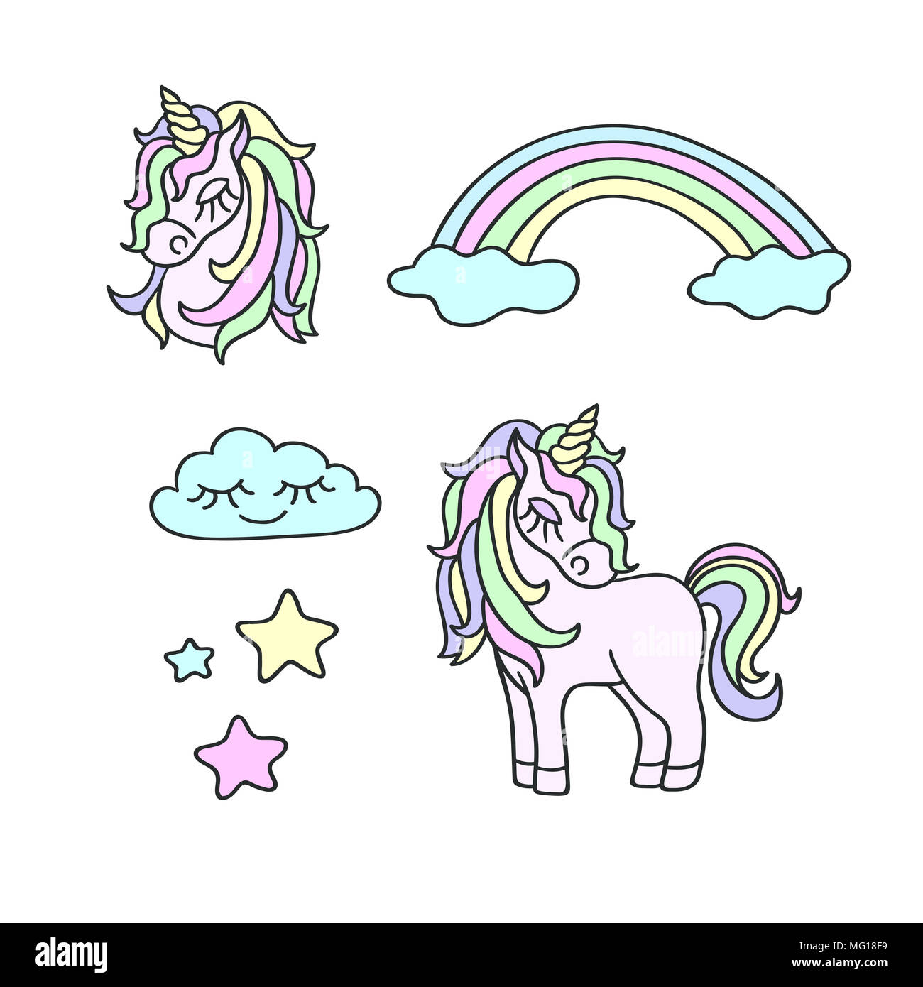 Unicorn, rainbow, clouds, stars, magic fancy design element set Stock Photo