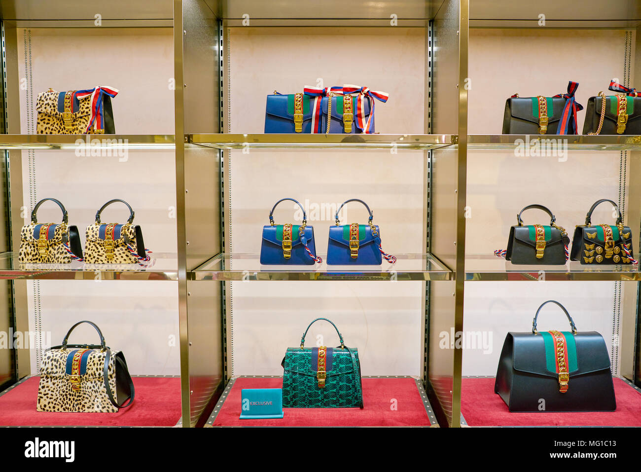 MILAN, ITALY - CIRCA NOVEMBER, 2017: Gucci bags on display Rinascente. Rinascente is a of high-end stores Stock Photo -