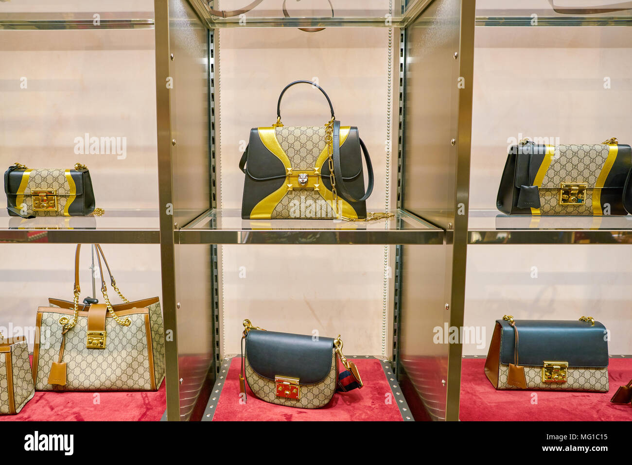 MILAN, ITALY - CIRCA NOVEMBER, 2017: Gucci bags on display Rinascente. Rinascente is a of high-end stores Stock Photo -