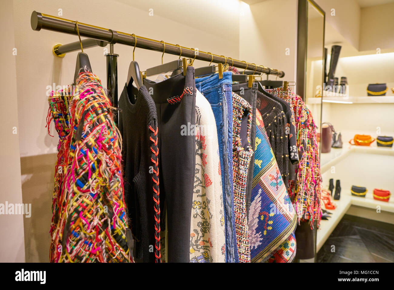 MILAN, ITALY - CIRCA NOVEMBER, 2017: various of Alexander McQueen clothes  on display at Rinascente. Rinascente is a collection of high-end stores  Stock Photo - Alamy