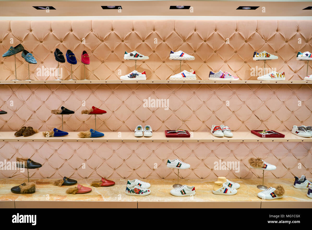 MILAN, ITALY - CIRCA NOVEMBER, 2017: Gucci shoes on display at Rinascente  shopping center in Milan. Rinascente is a collection of high-end stores  Stock Photo - Alamy