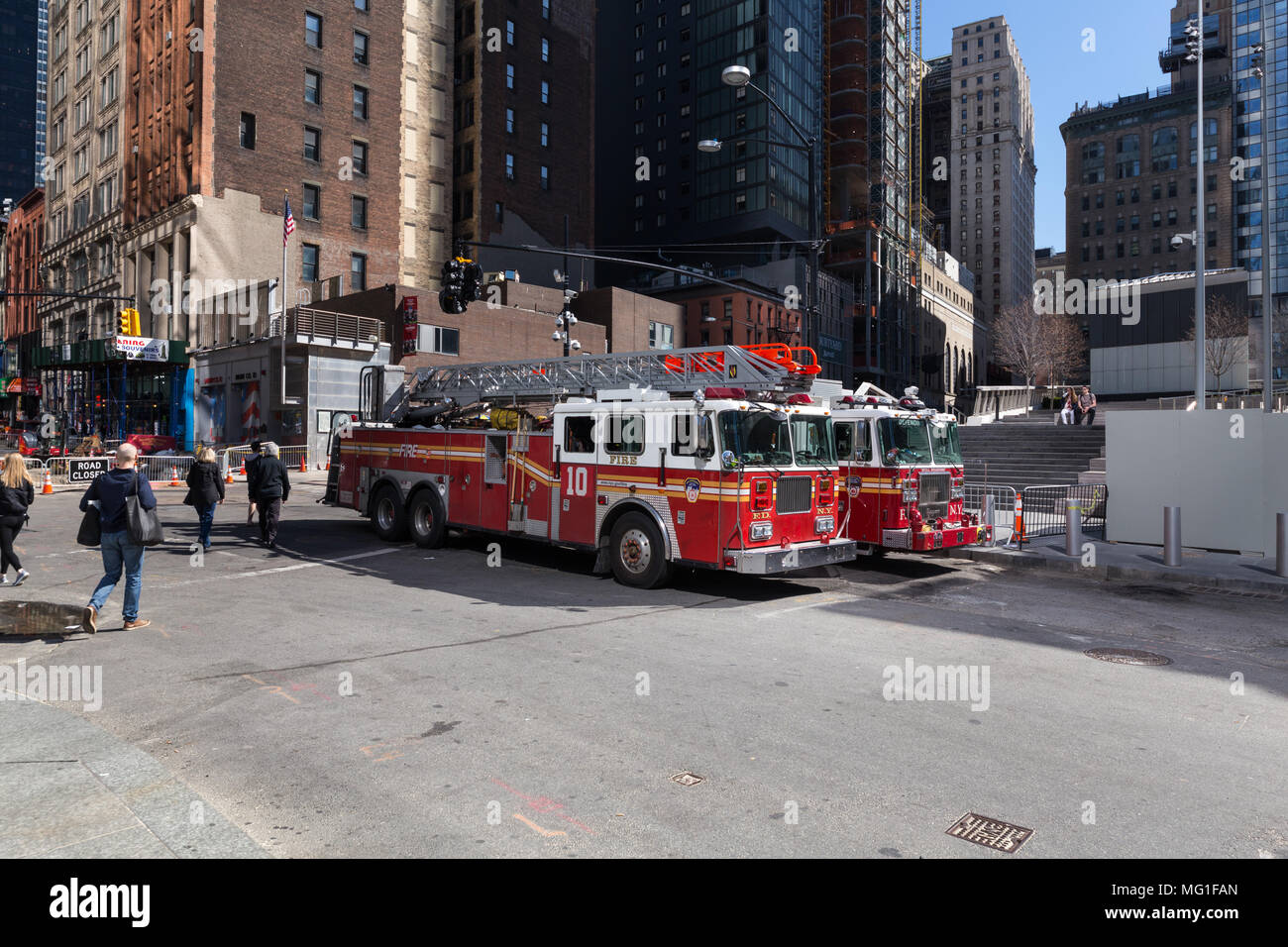 Two FDNY Fire Trucks parked at World Trade Center, New York, NY 2018 Stock Photo