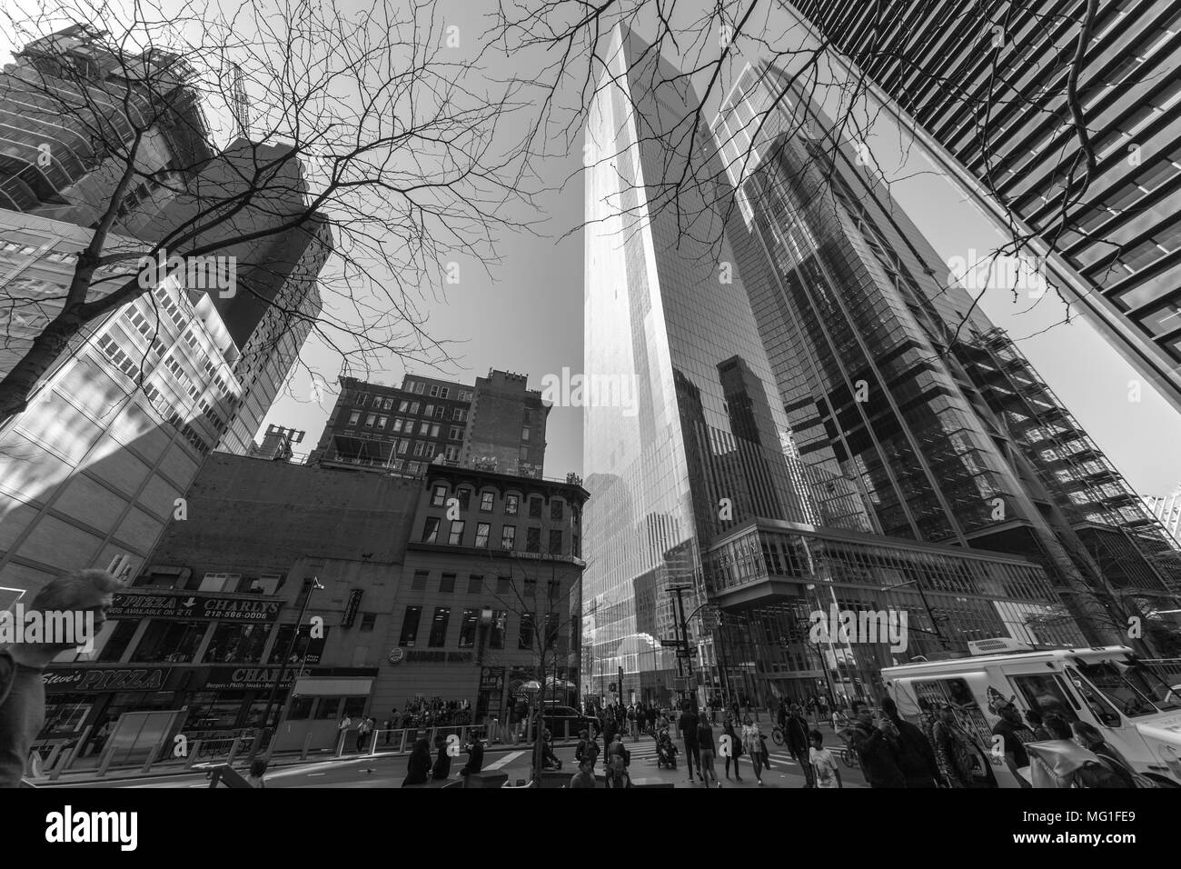 Looking up at buildings in lower Manhattan, New York, NY Stock Photo