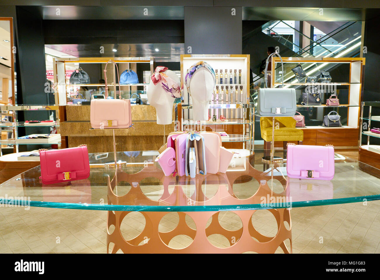 ROME, ITALY - CIRCA NOVEMBER, 2017: Salvatore Ferragamo products on display at a second flagship store of Rinascente in Rome. Stock Photo