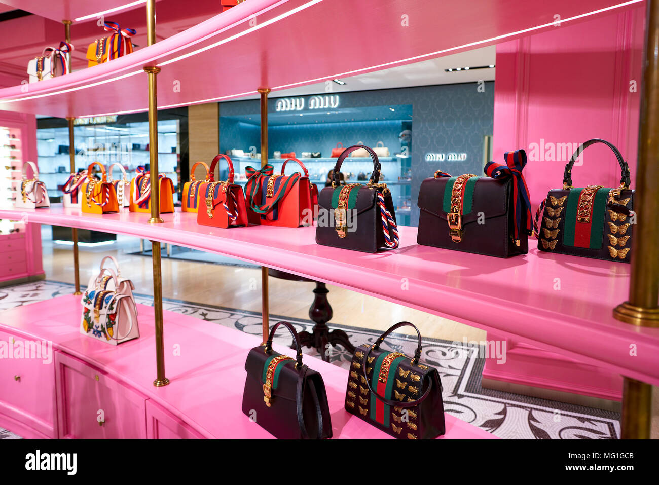 ROME, ITALY - CIRCA NOVEMBER, 2017: Gucci bags sit on display at a ...