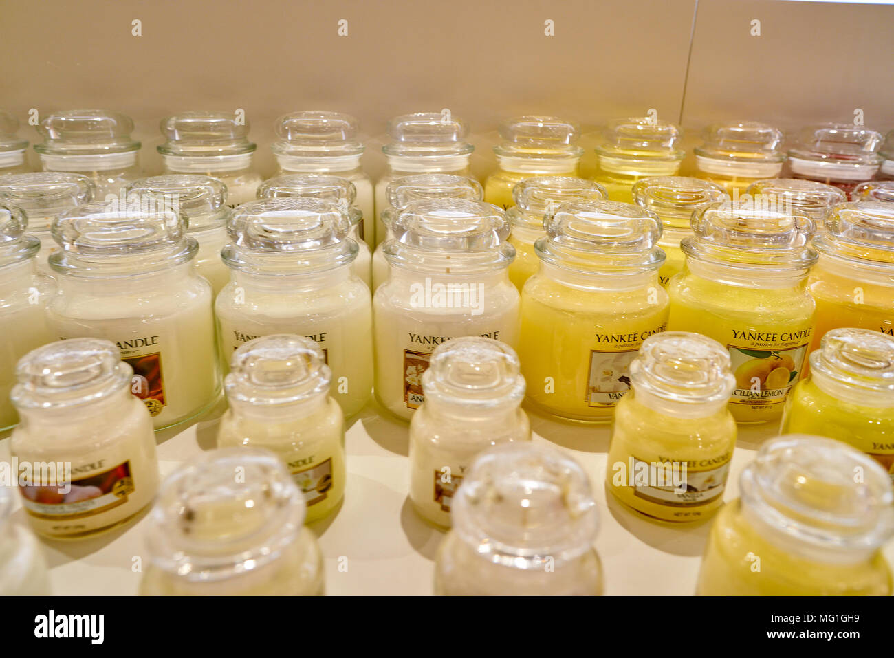 ROME, ITALY - CIRCA NOVEMBER, 2017: Yankee Candle products on display at a second flagship store of Rinascente in Rome. Stock Photo