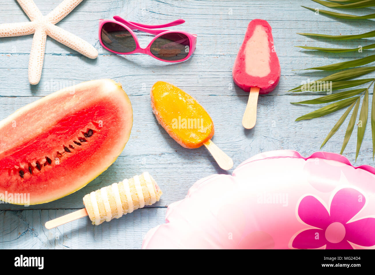 Summer abstract banner travel vacation background with ice cream and watermelon Stock Photo