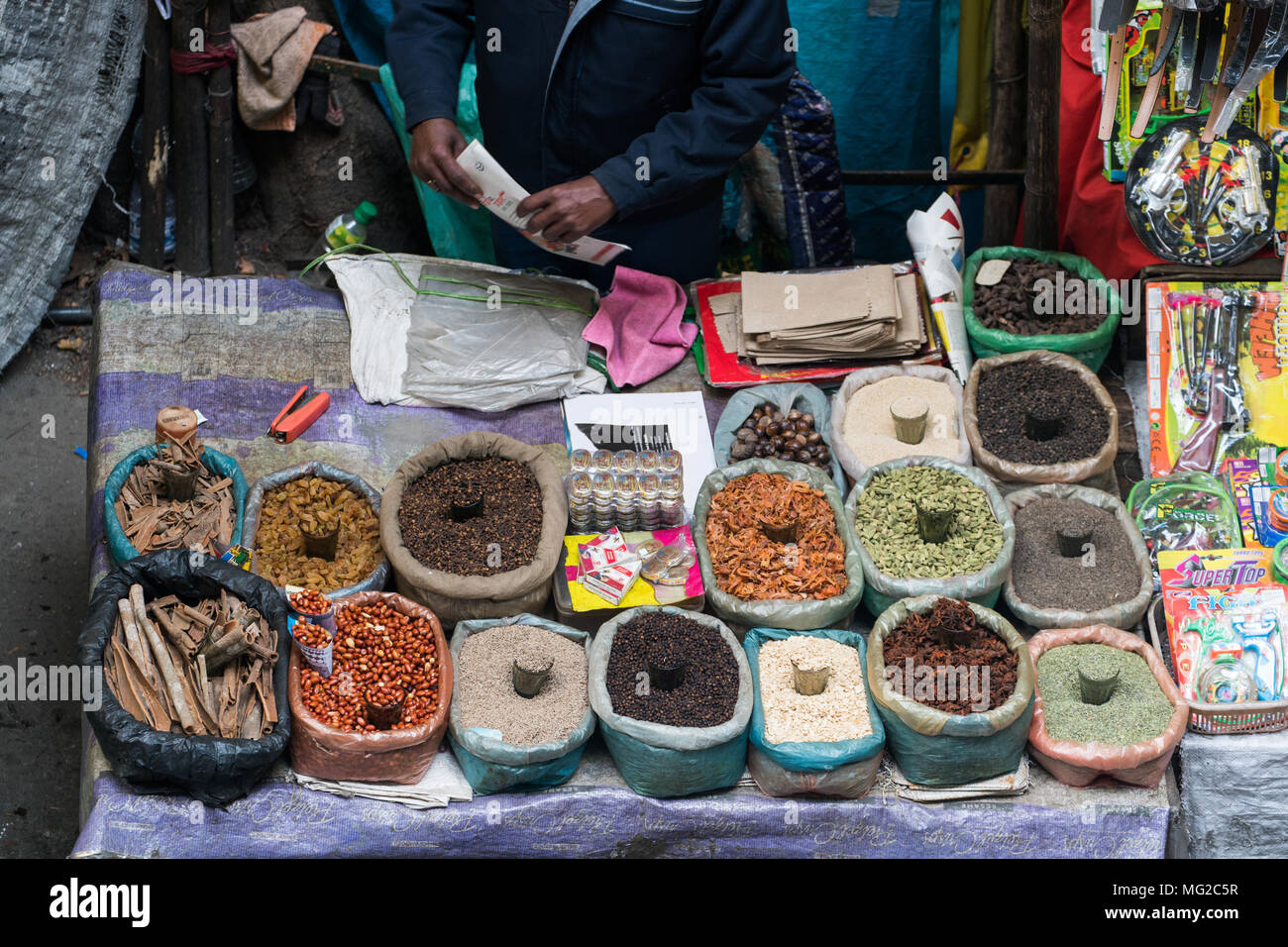 Various Of Indian Colored Powder Spices And Dry Ingredient Food On The