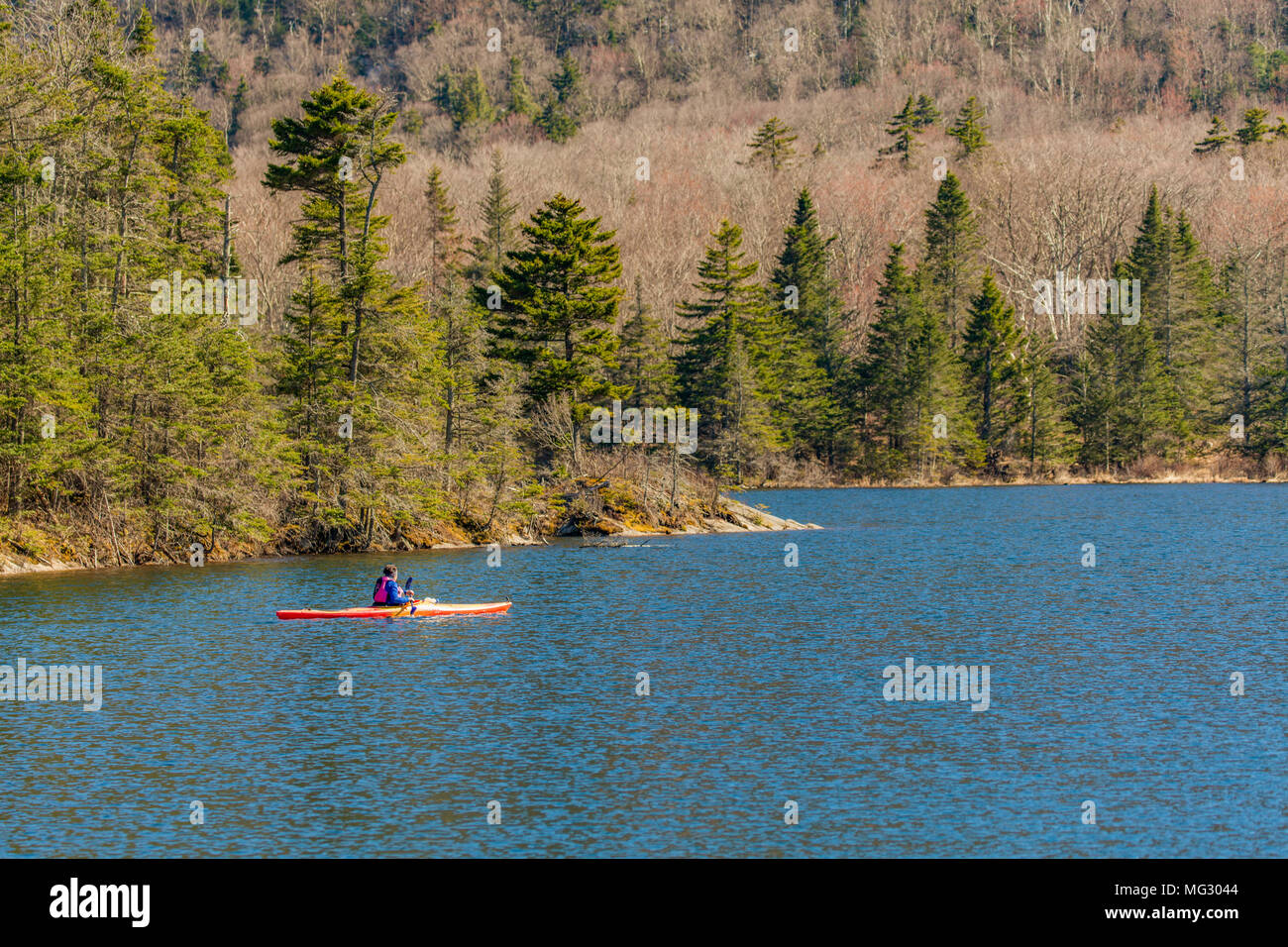 Kayaking on Beaver Pond at Kinsman Notch located beside Rt. 112, the Kancamagus Highway, in the White Mountains of New Hampshire in Woodstock. Stock Photo