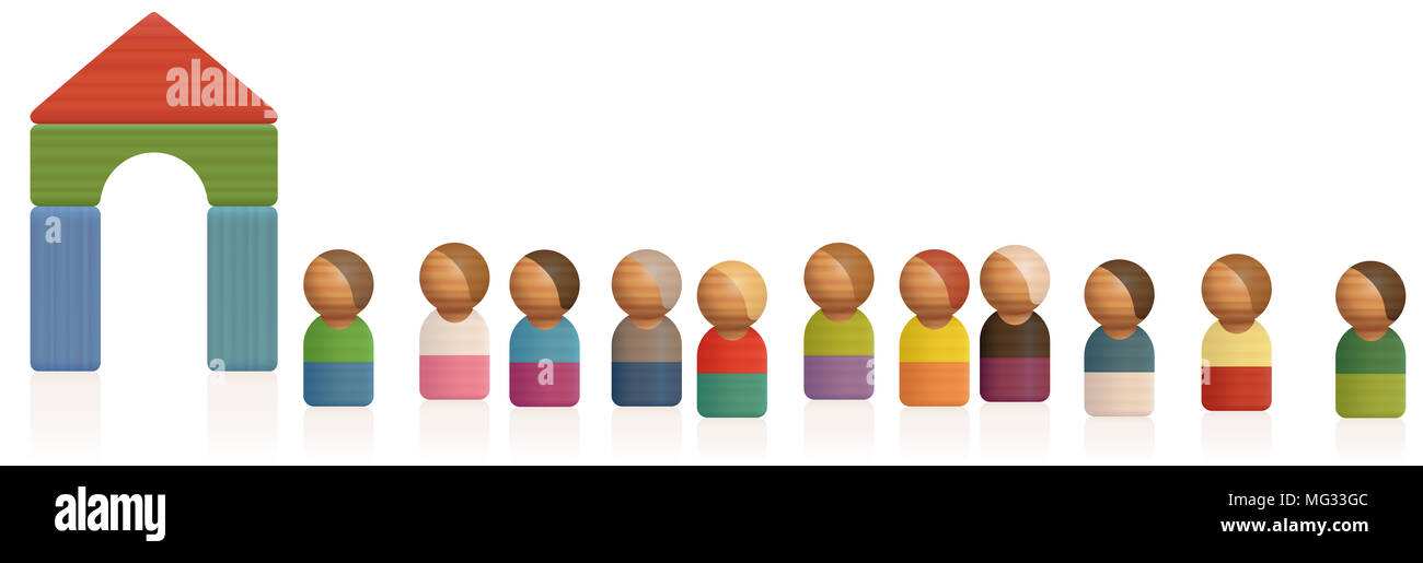 Queue, waiting line. Wooden toy figures waiting in a row for admittance, passage, entry, acceptance, asylum, access. Stock Photo