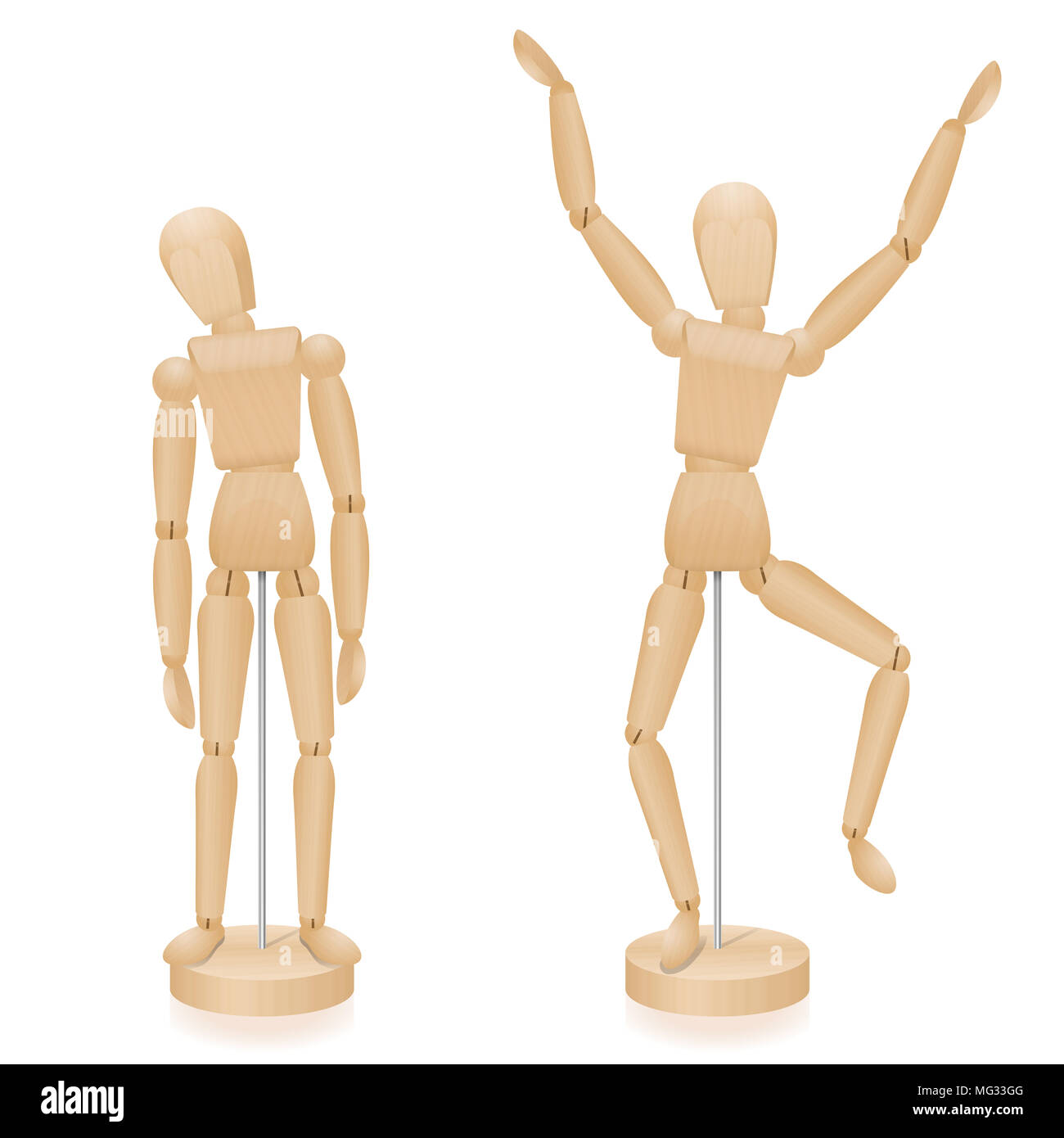 Unhappy and happy, sad and joyful wooden lay figures body language in comparison - two mannequins with typical body posture. Stock Photo