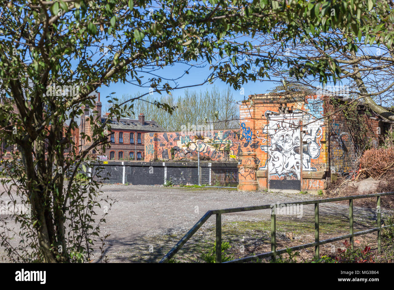 Inner City, Nature meets city, urbanism with graffiti and framing Stock Photo