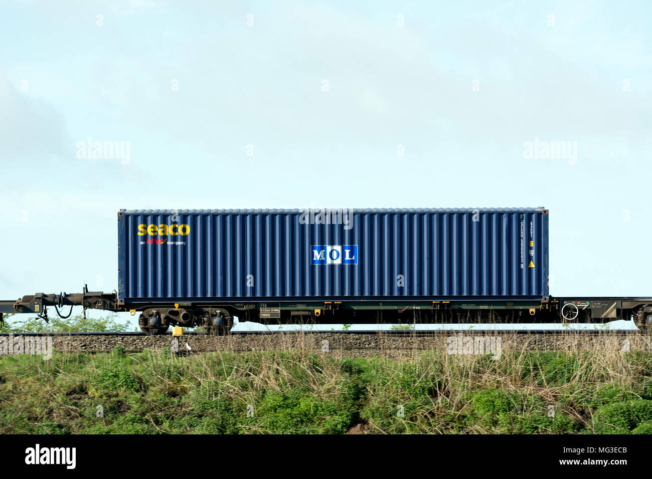 MOL shipping container on a freightliner train, Warwickshire, UK Stock Photo