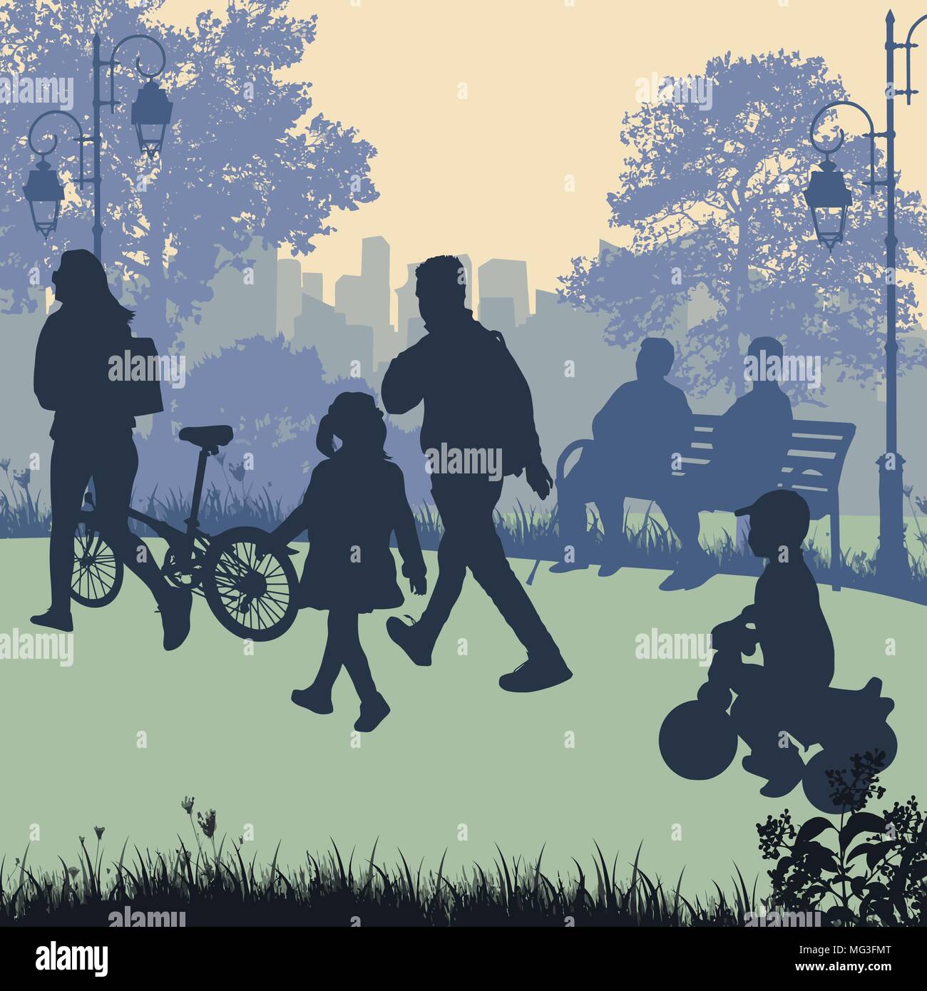 People in a city park silhouettes, vector illustration Stock Vector ...
