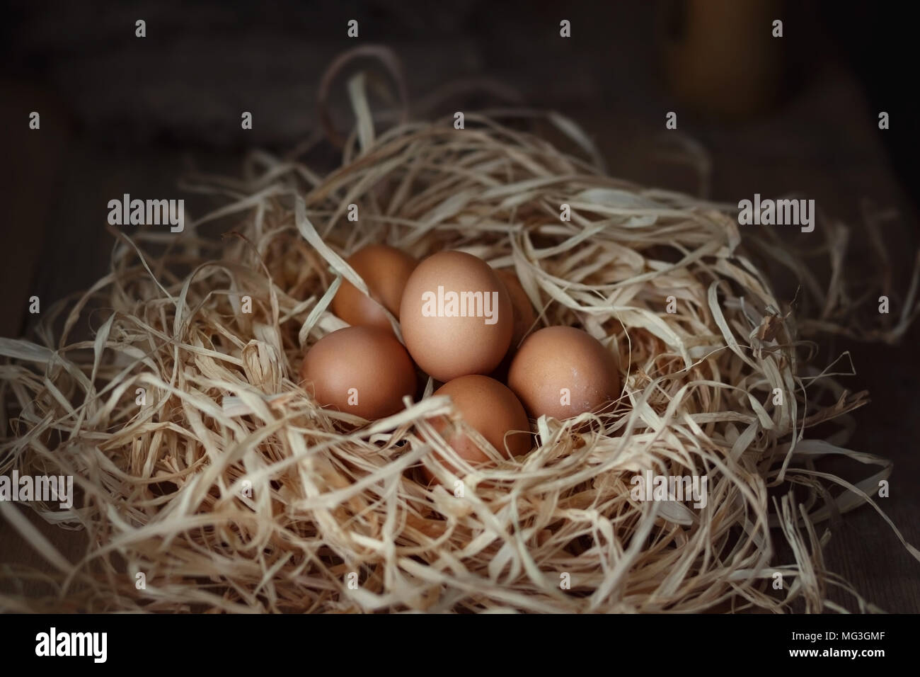 Chicken eggs in the straw nest on wooden boards, closeup. Selective ...