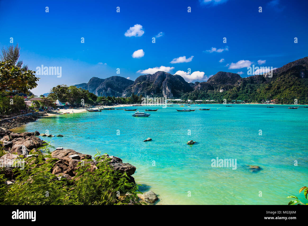 Panorama of tropical islands Phi Phi Don and Phi Phi Leh in sea. Crabi, Thailand Stock Photo