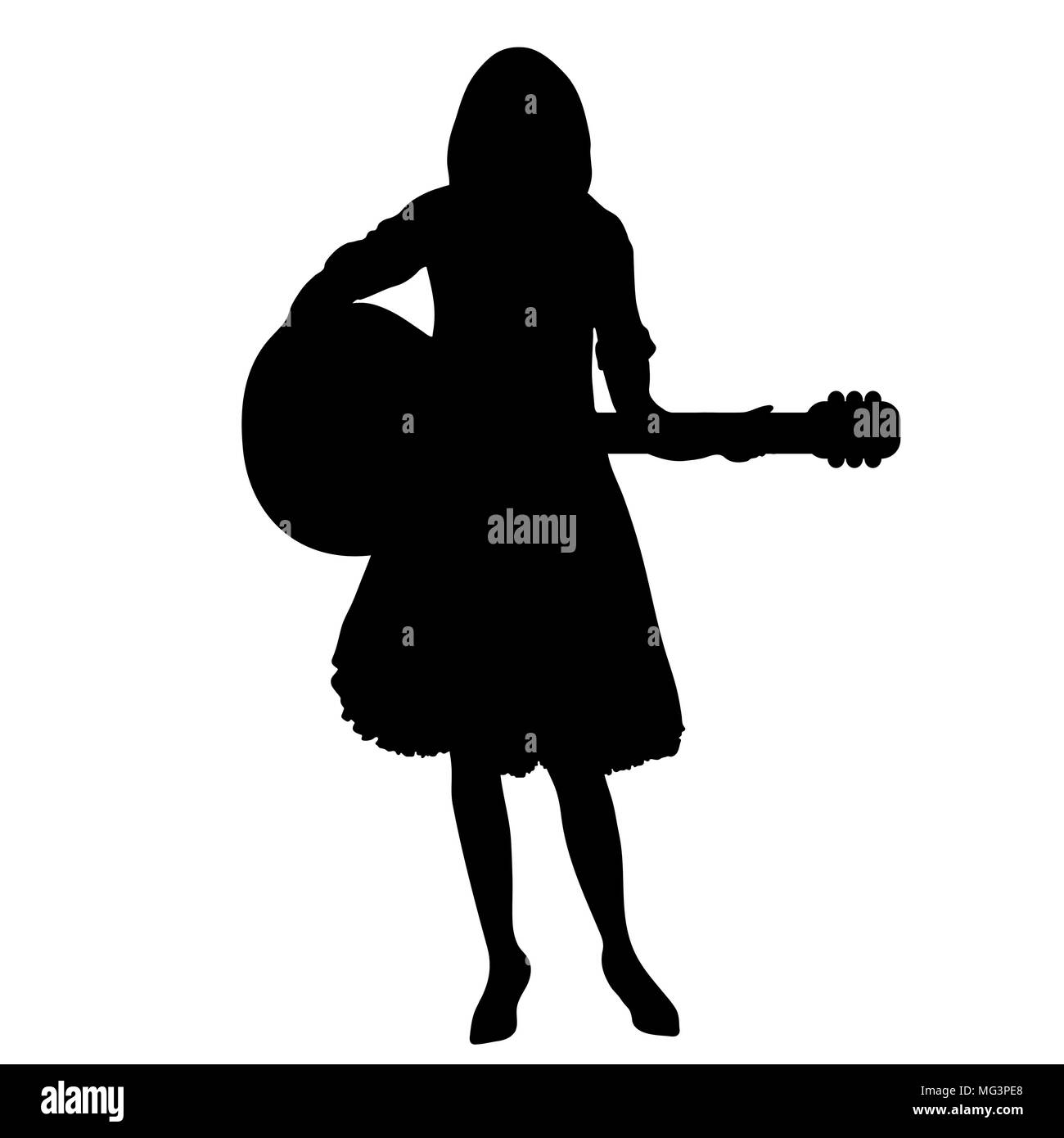 Girl guitar player silhouette, contour drawing, outline black and white portrait, vector illustration. Woman in lush skirt with a guitar in his hand s Stock Vector