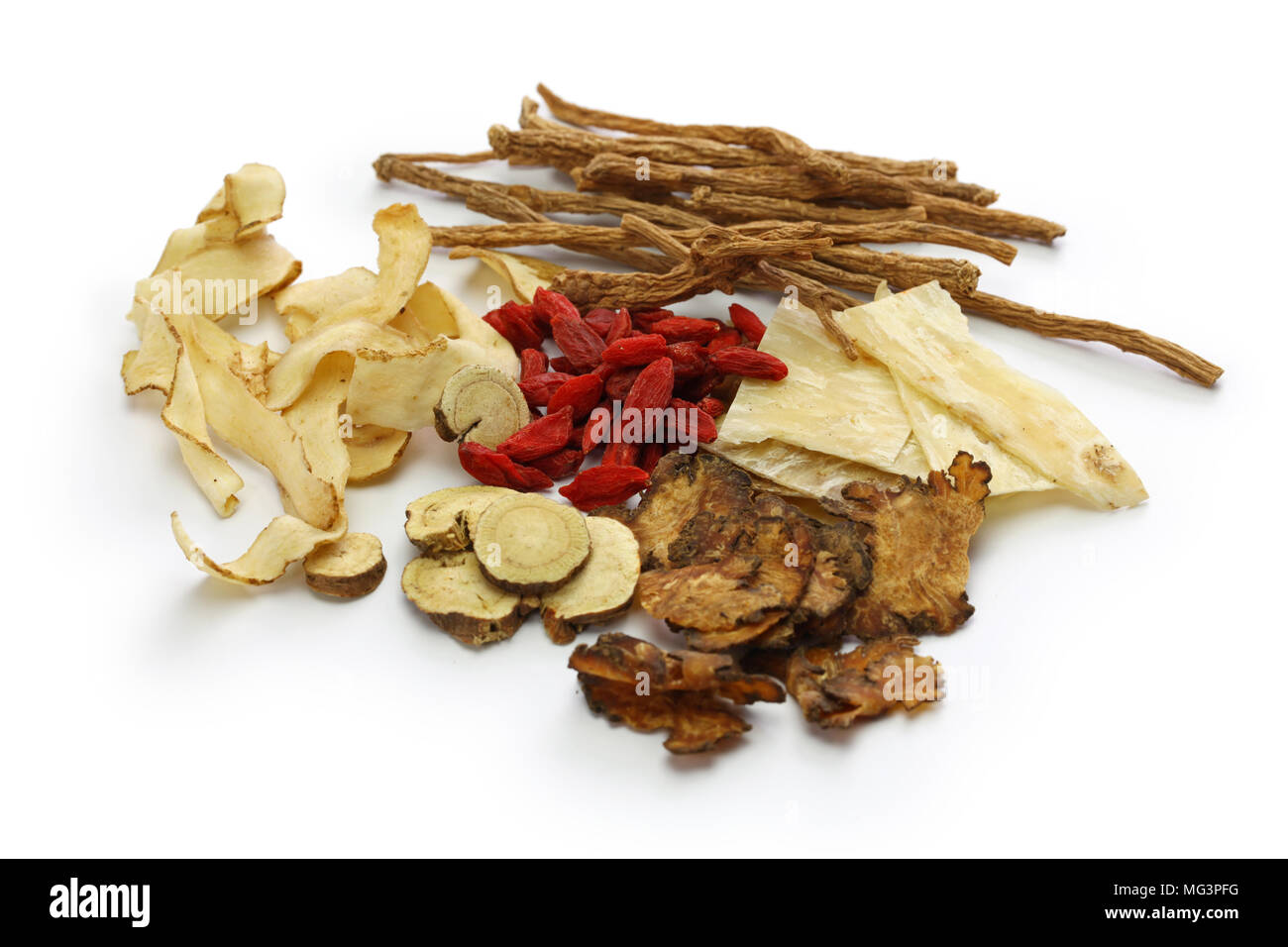 malaysia bak kut teh ingredients, traditional chinese herbal medicine isolated on white background Stock Photo