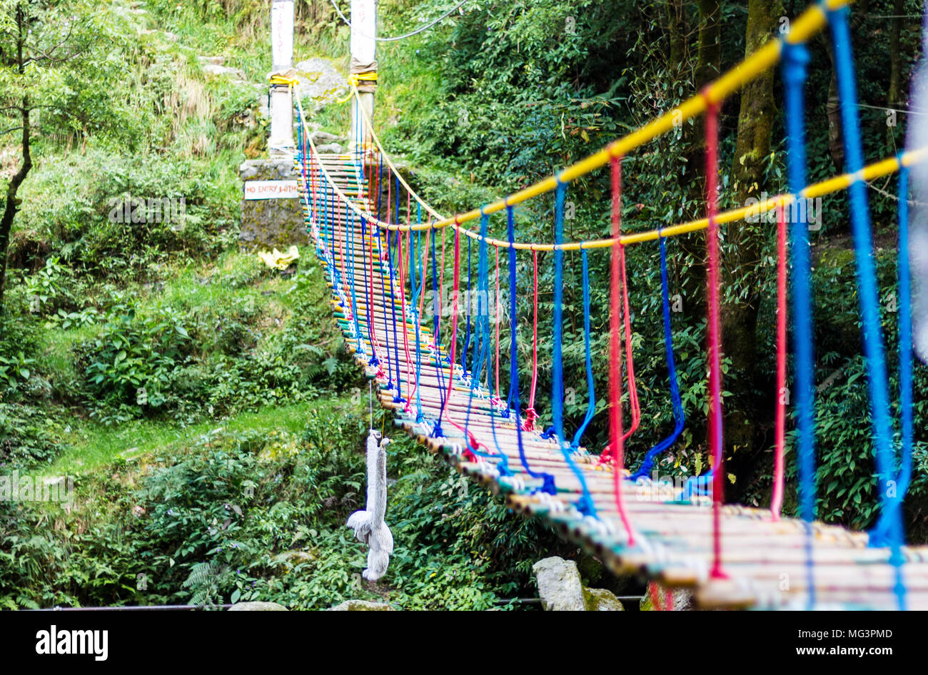 A hanging rope bridge over the waterfall in Panchpula Dalhousie, Himachal Pradesh, India. Used for adventure activities for kids and teenagers - Image Stock Photo