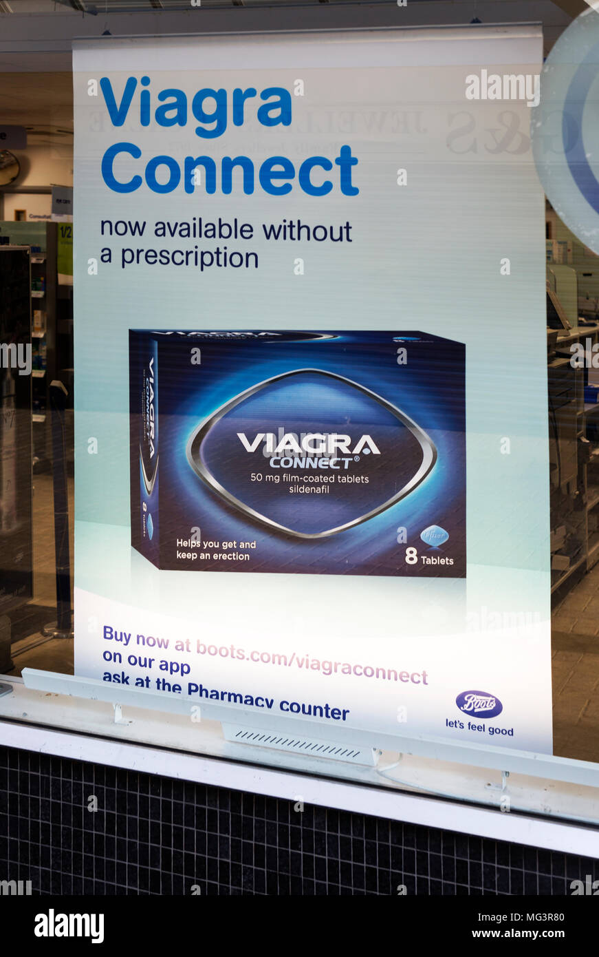 Boots chemist shop window Viagra Connect advertising poster, Calne,  Wiltshire, England, UK Stock Photo - Alamy