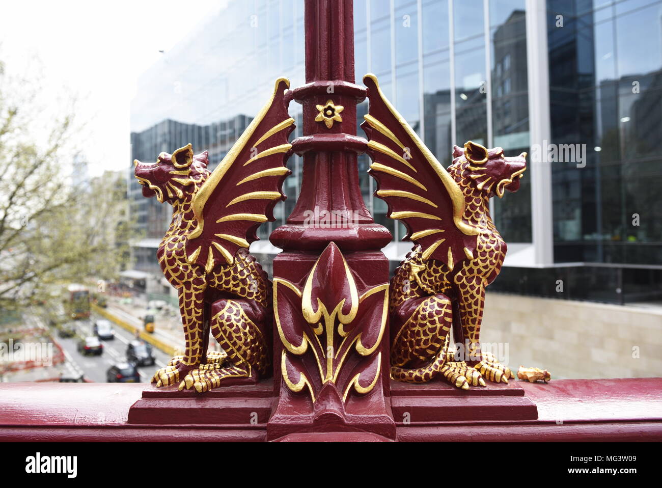 Dragon on Holborn Viaduct in the City of London with Goldman Sachs